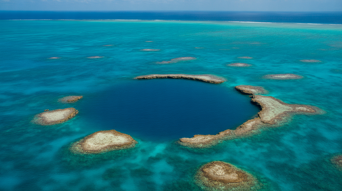 Great Blue Hole Belize aerial view — perfect circular sinkhole surrounded by turquoise Caribbean reef