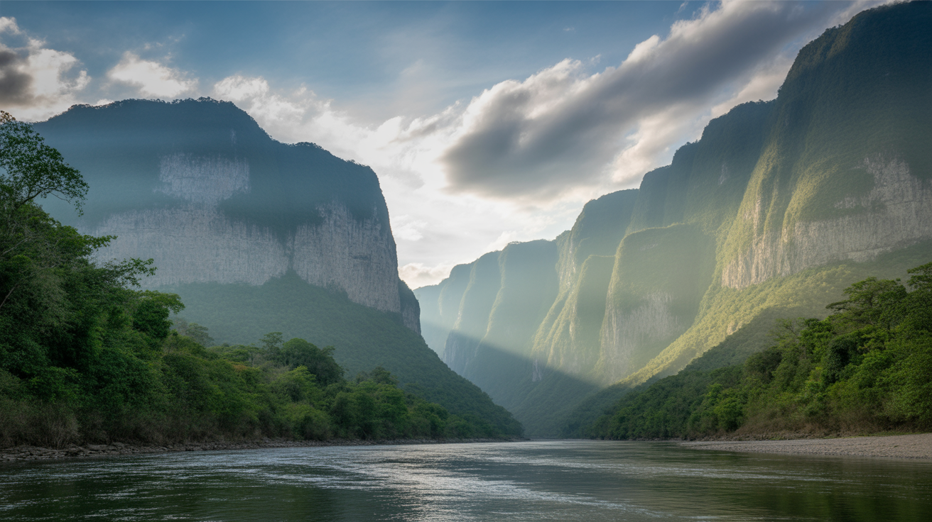 Sumidero Canyon Chiapas Mexico — towering limestone cliffs rising above turquoise river