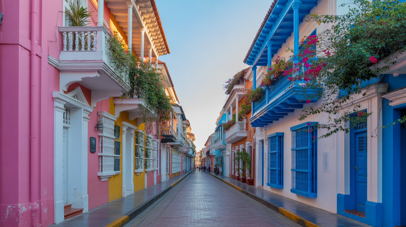 Cartagena Colombia old city colorful colonial architecture with bougainvillea flowers on balconies