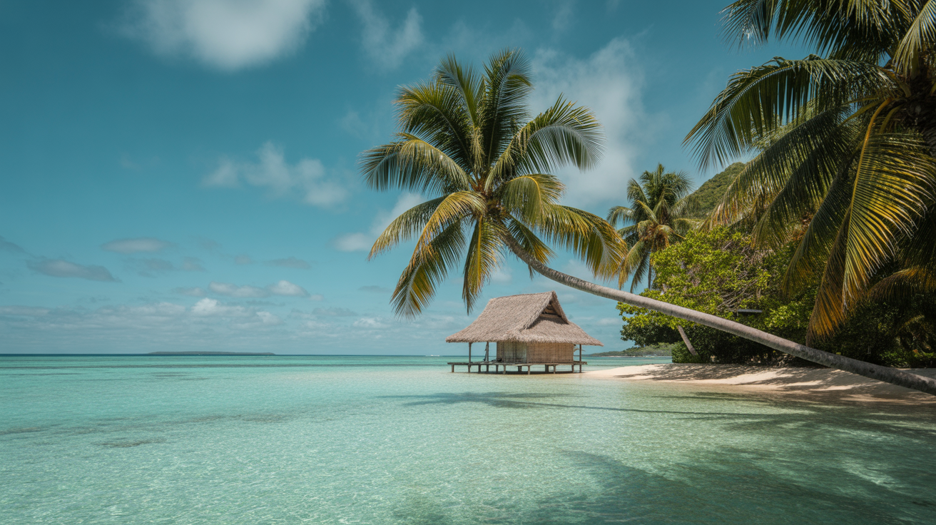 Fiji Yasawa Islands pristine tropical beach with traditional thatched bure hut and turquoise lagoon