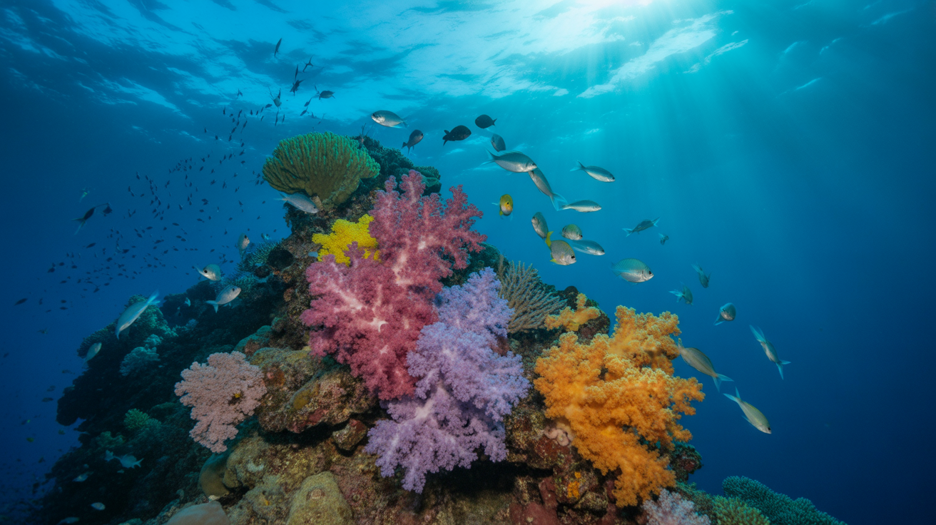 Fiji Rainbow Reef underwater — vibrant pink orange purple soft coral with tropical fish