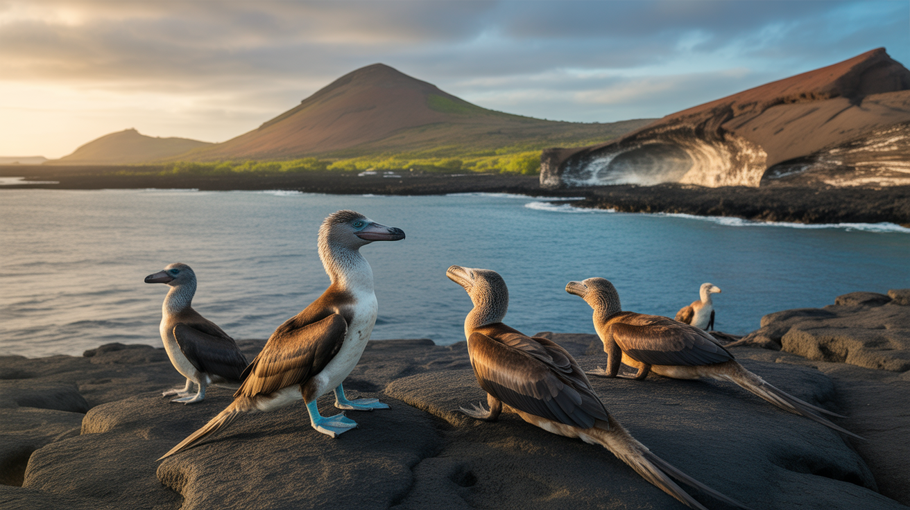 Galápagos Islands volcanic landscape with black lava rocks meeting turquoise ocean and seabirds