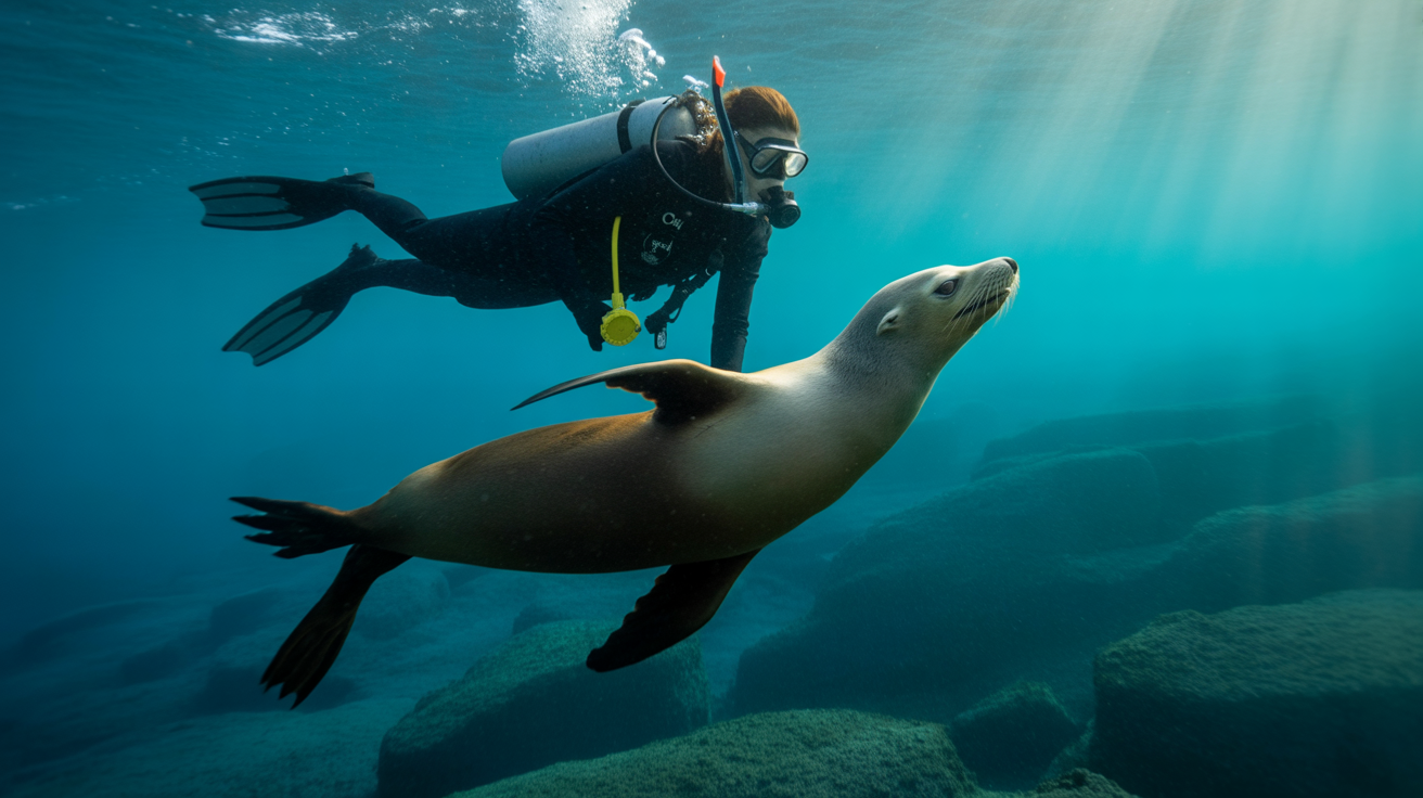 Galápagos sea lion swimming playfully underwater with a snorkeler in crystal clear turquoise water