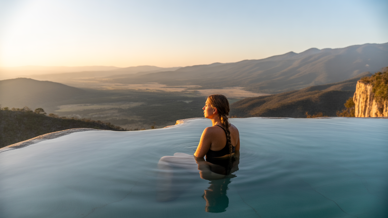 Hierve el Agua Oaxaca Mexico petrified waterfall with natural infinity pool on cliff edge