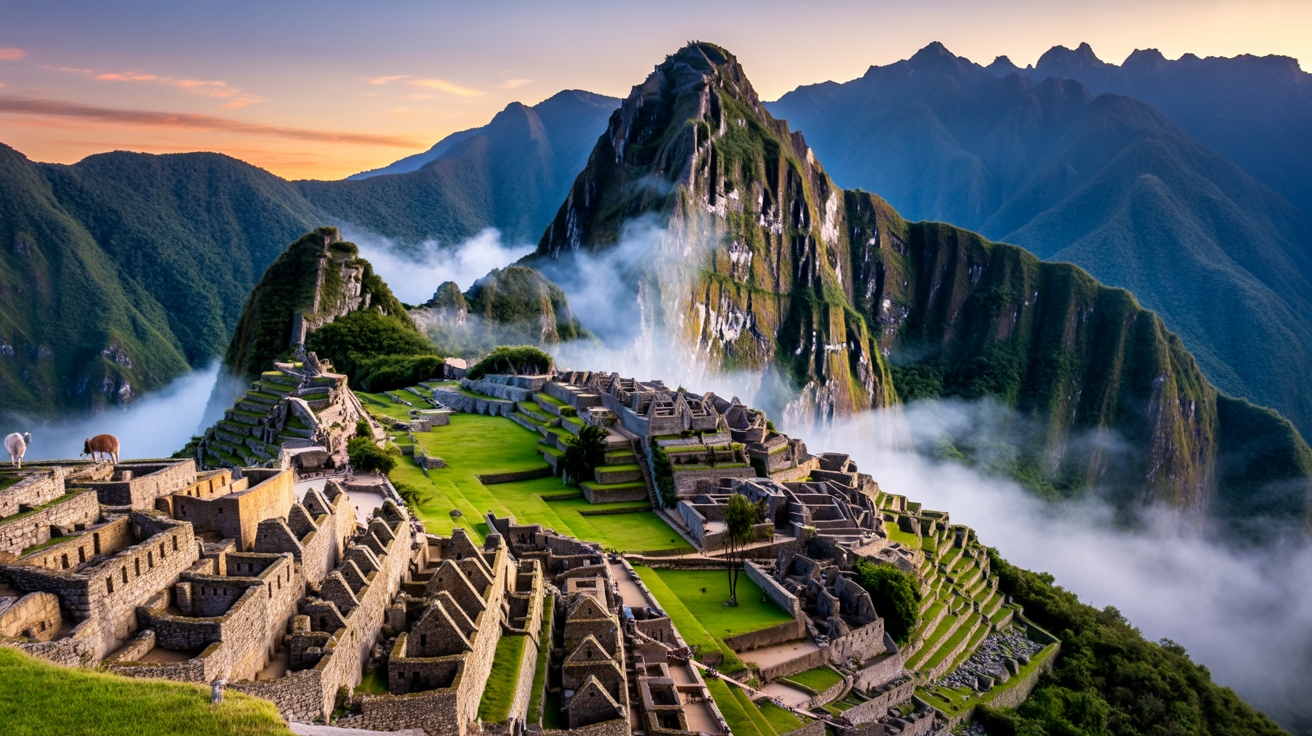 Machu Picchu ancient Inca citadel at sunrise with mist swirling around stone temples