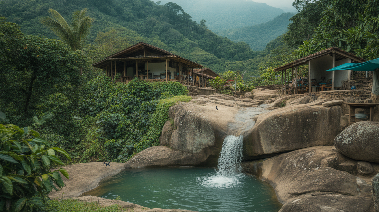 Minca Colombia mountain village waterfall cascading into natural pool surrounded by lush jungle