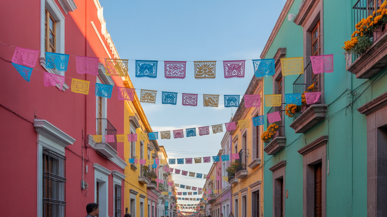 Oaxaca Mexico vibrant street with papel picado banners and colorful colonial buildings