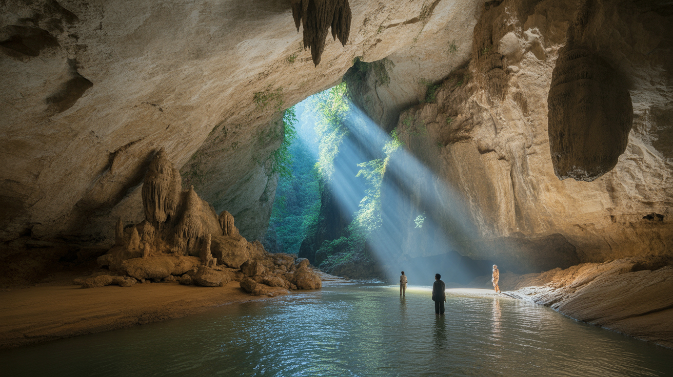 Phong Nha Vietnam cave system with kayakers exploring underground river and limestone cathedral ceiling