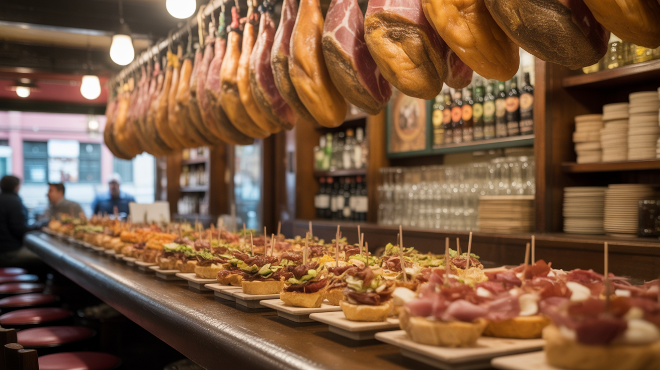 San Sebastián Spain pintxos bar in Old Town Parte Vieja with traditional Basque tapas display
