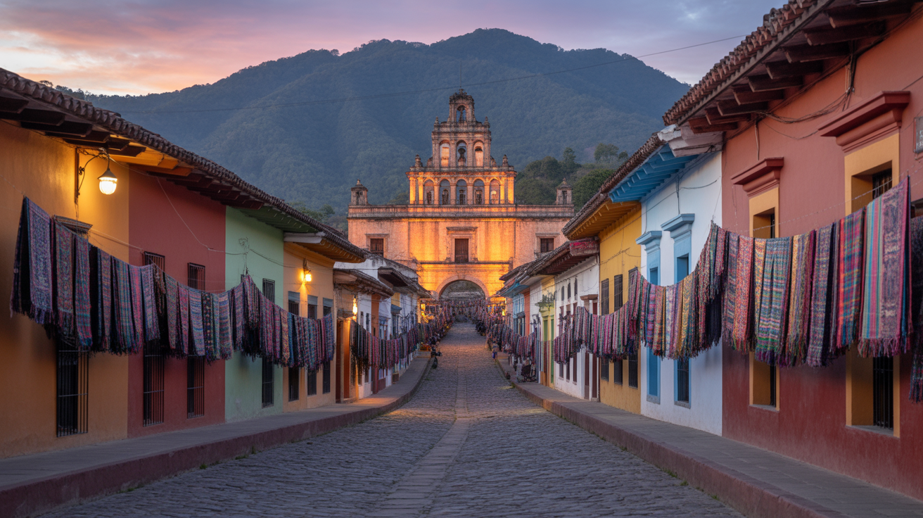 San Cristóbal de las Casas Chiapas colonial highland town at twilight with indigenous Tzotzil Maya textiles