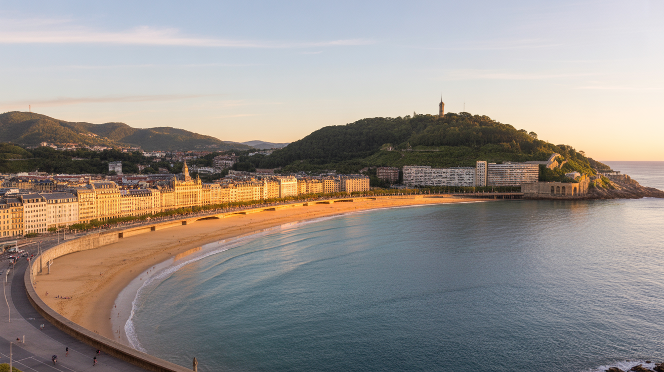 San Sebastián Spain La Concha crescent bay at golden hour with Belle Epoque buildings
