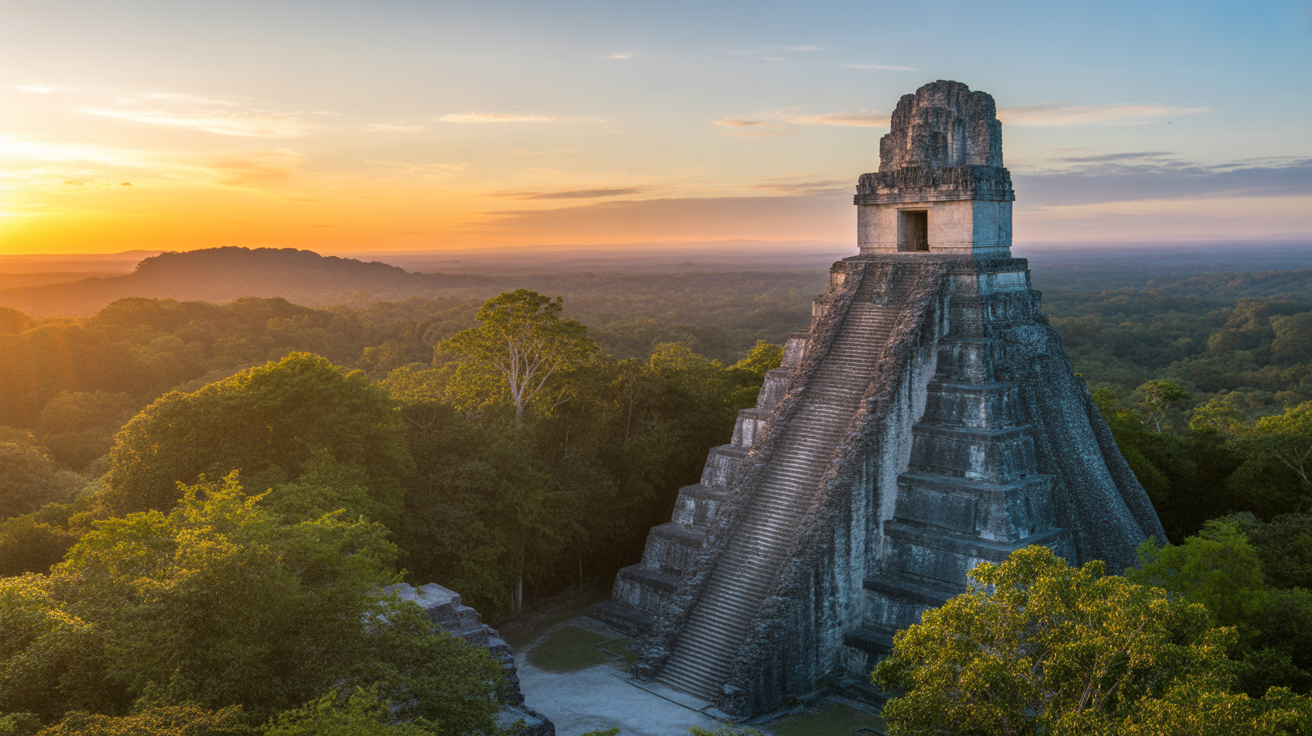 Tikal Guatemala ancient Mayan pyramid temple rising above lush rainforest canopy at sunrise