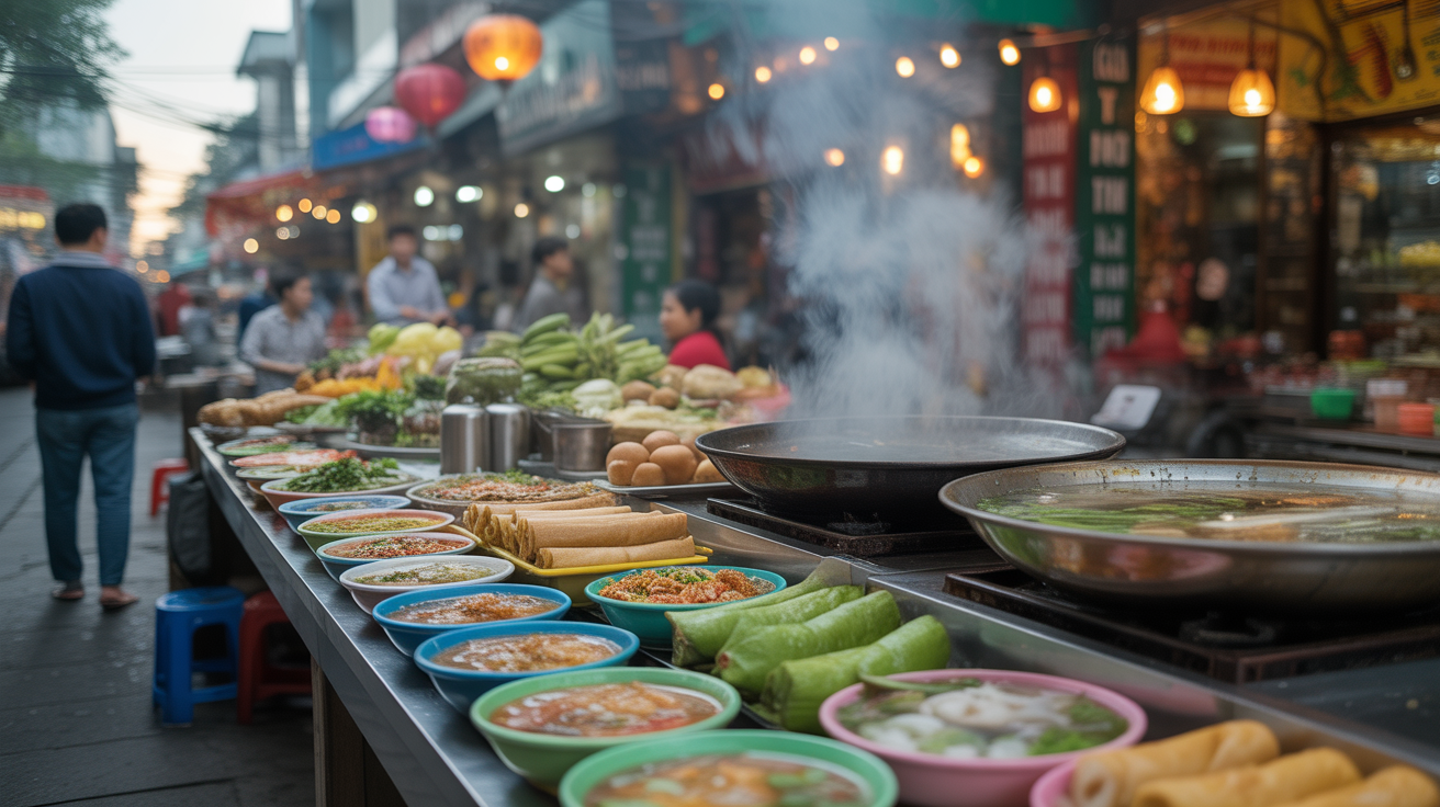 Central Vietnamese street food spread with banh mi, pho, and fresh herbs at a local market