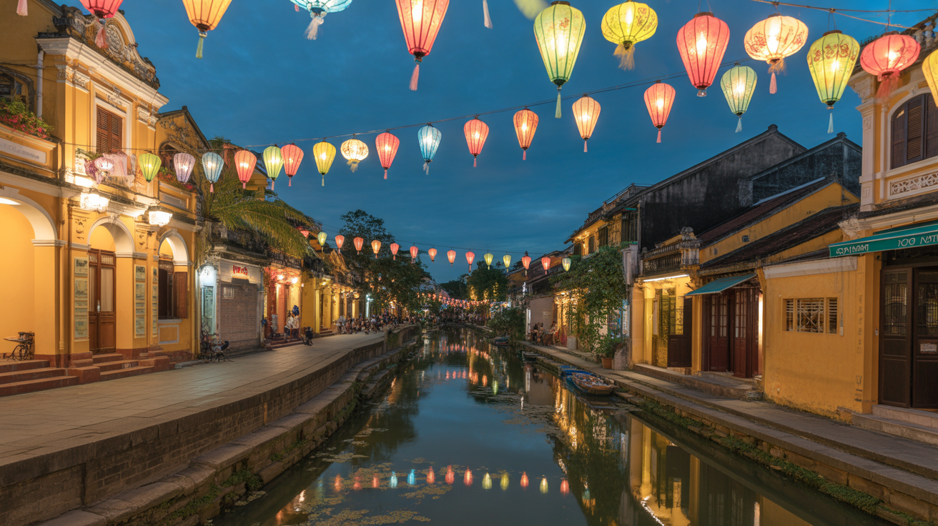 Hoi An Vietnam ancient town at night with hundreds of colorful silk lanterns over the river